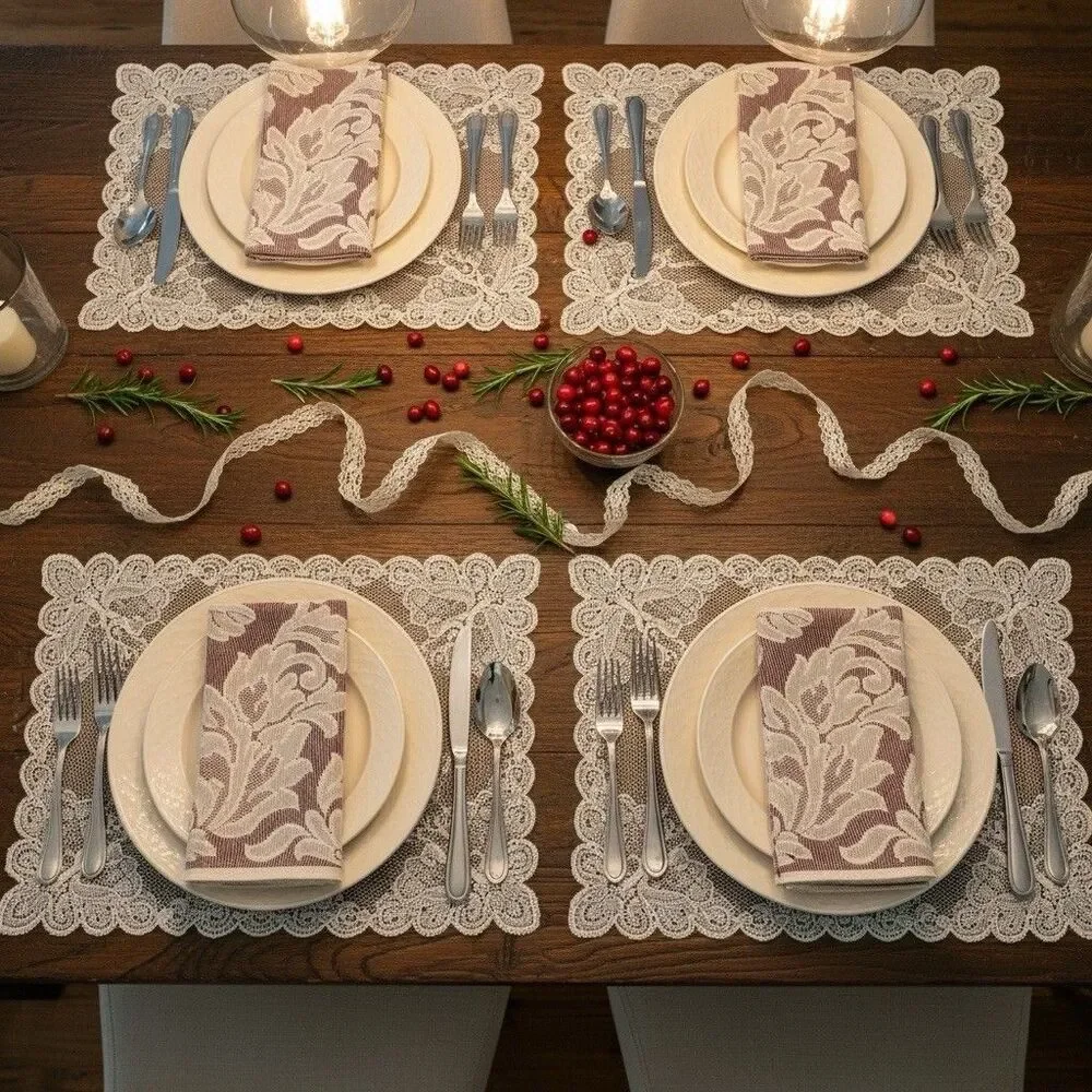 Vintage Lace Napkins Set Floral Burgundy Cranberry Cream USA Lot 4 Table Linens